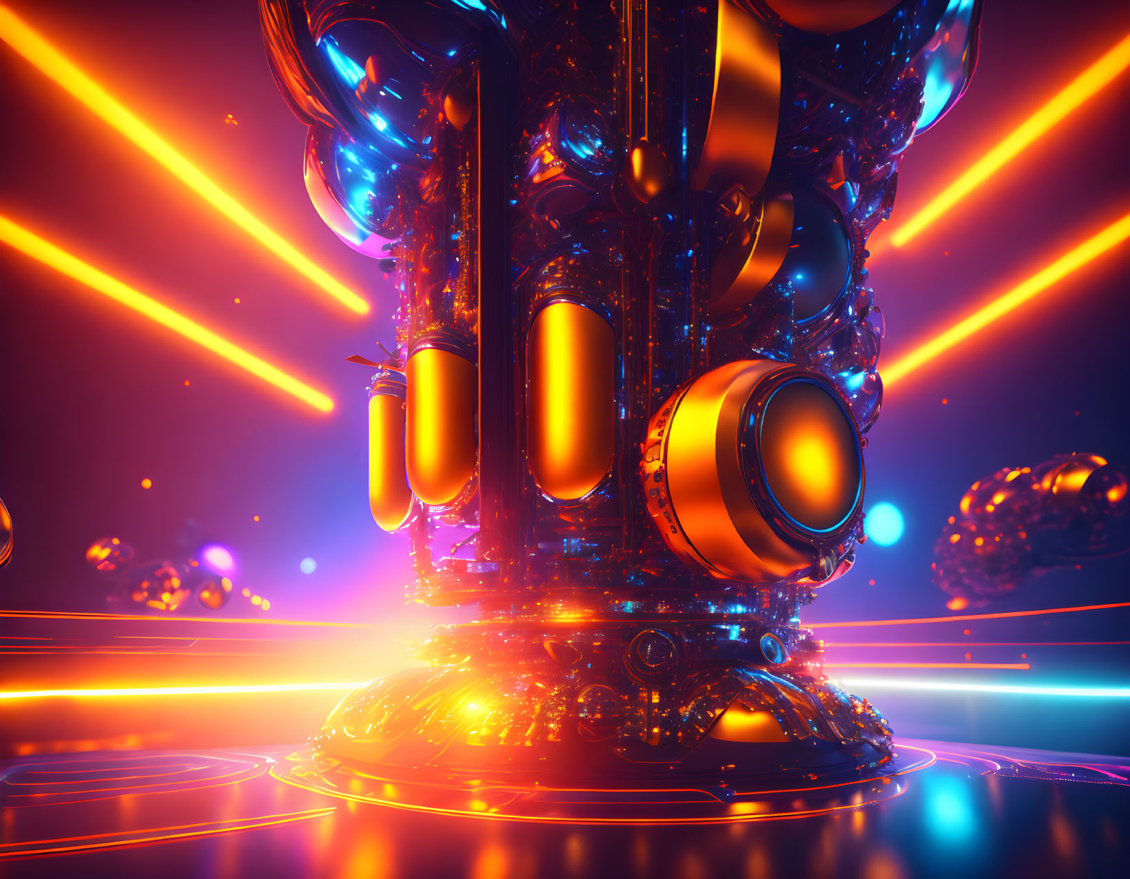 Futuristic device with orange and blue lights on dynamic neon backdrop