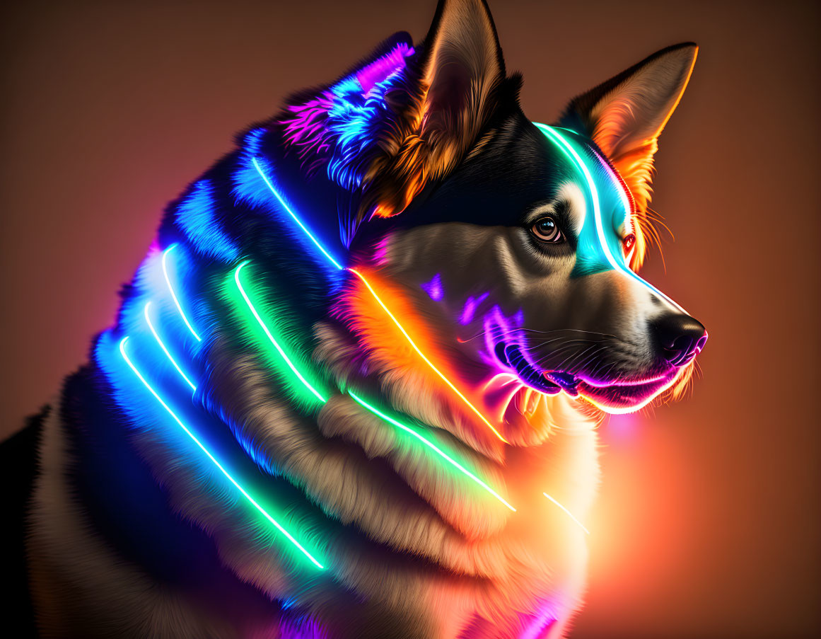 Neon Outlined Dog Art Against Amber Background