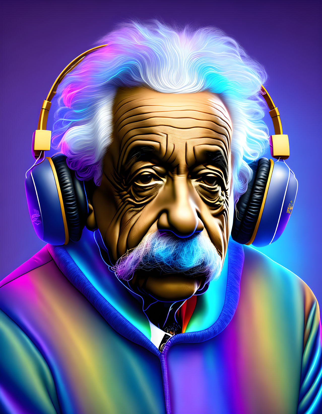 Vibrant digital artwork: Elderly man in headphones & colorful hoodie on purple background