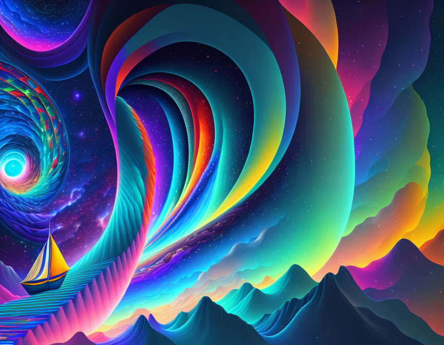 Colorful sailing boat on psychedelic waves and sky swirls.