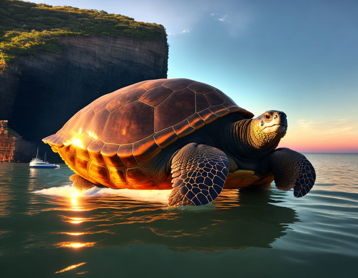 Giant glowing shell turtle near cliff at sunset with sailboat.