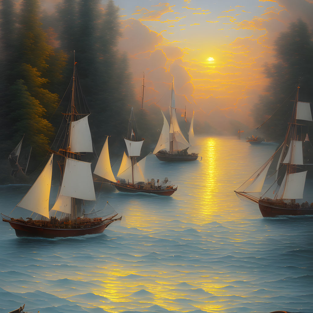 Sailing ships on calm seas at sunset with golden light and misty forested shores