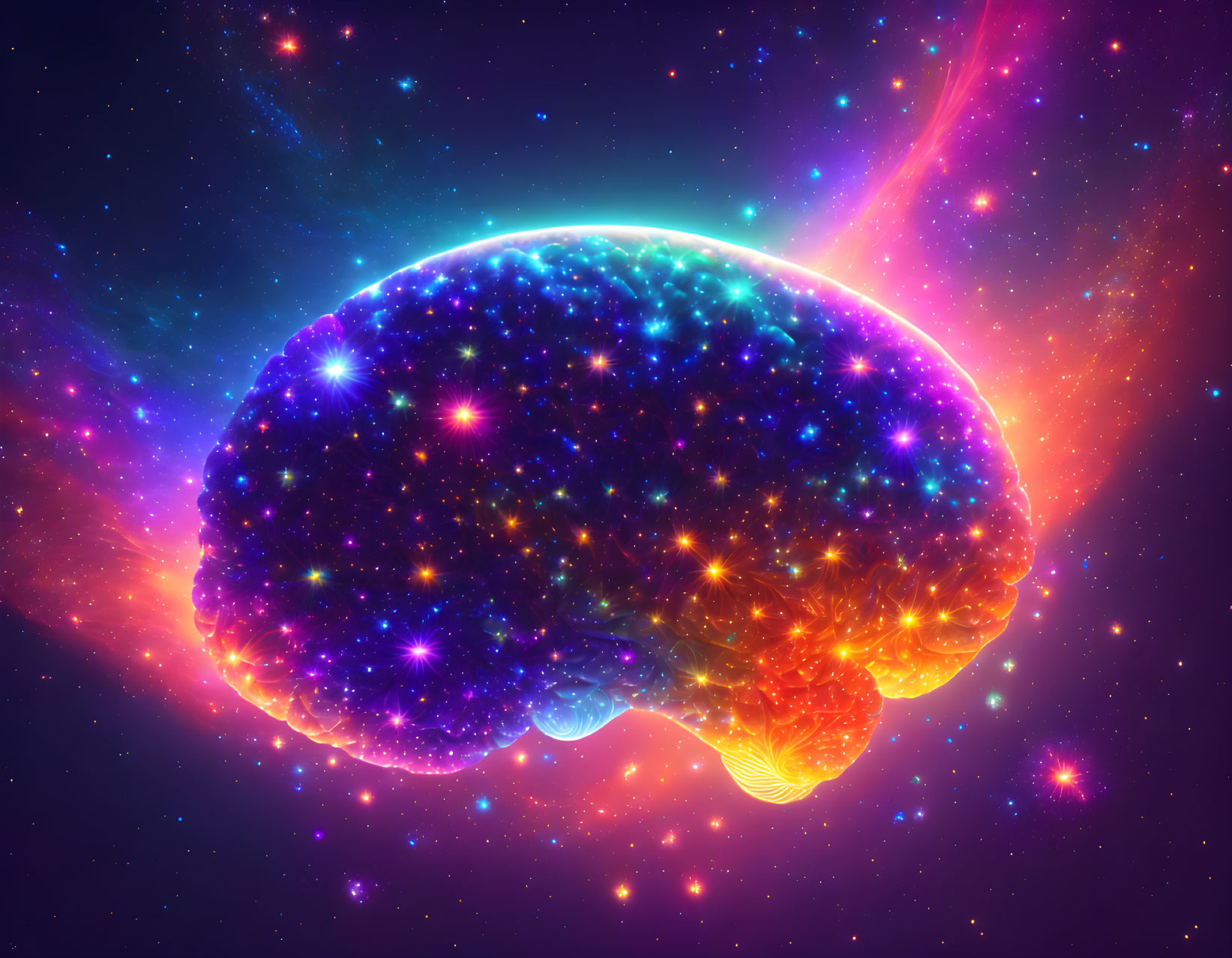 Colorful Human Brain Artwork with Cosmic Starfield Integration