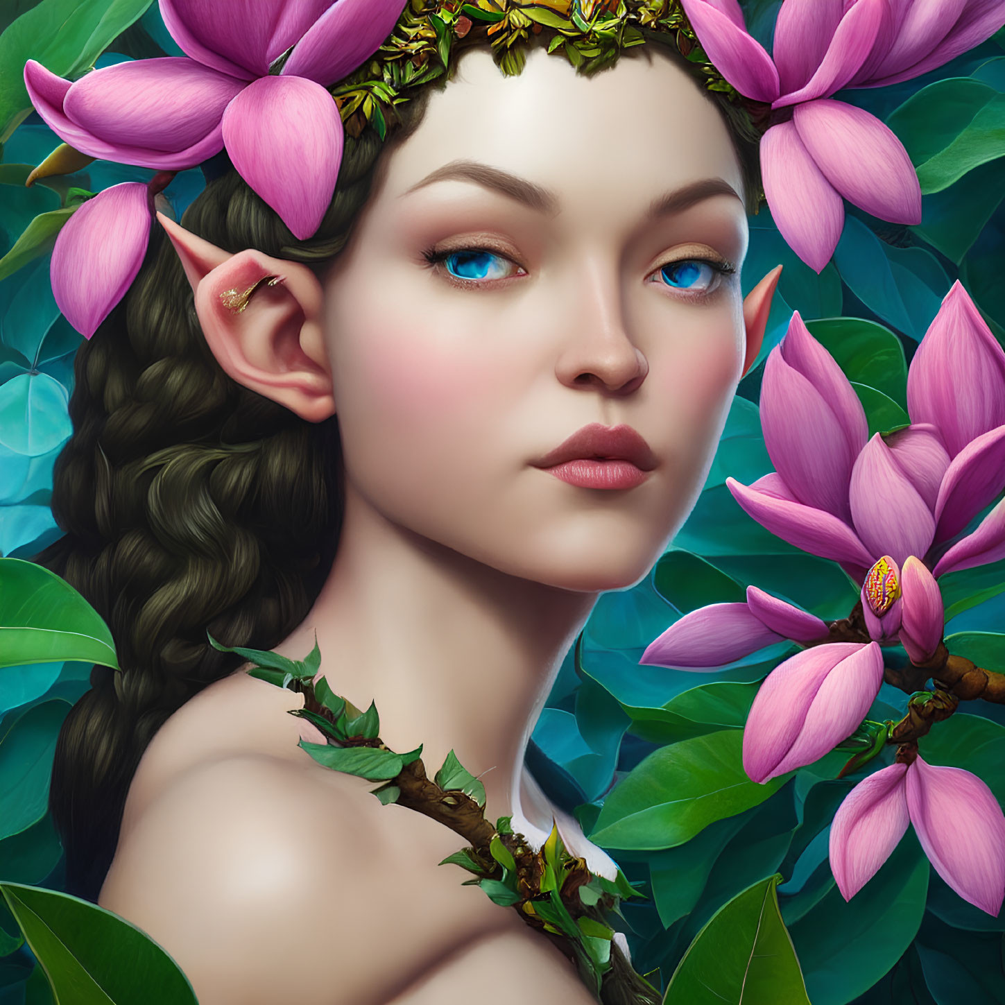 Vivid blue-eyed woman portrait with pink magnolias and green leaves