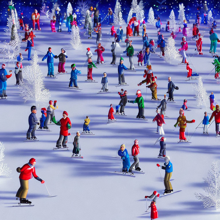 Colorful Skiing Scene on Snowy Slope with Illuminated Trees