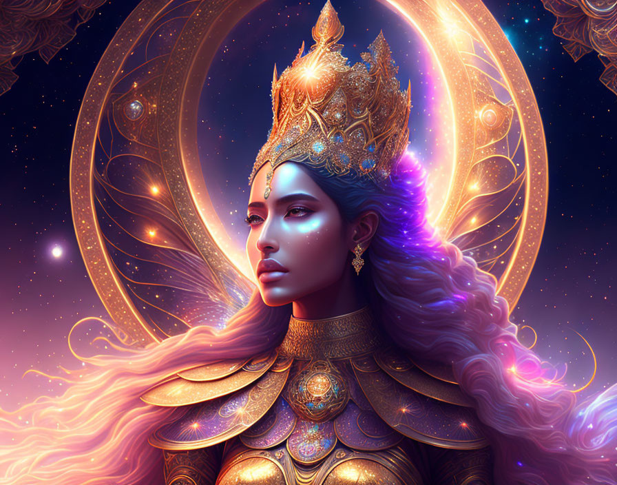 Regal woman in gold armor with celestial halo and cosmic background