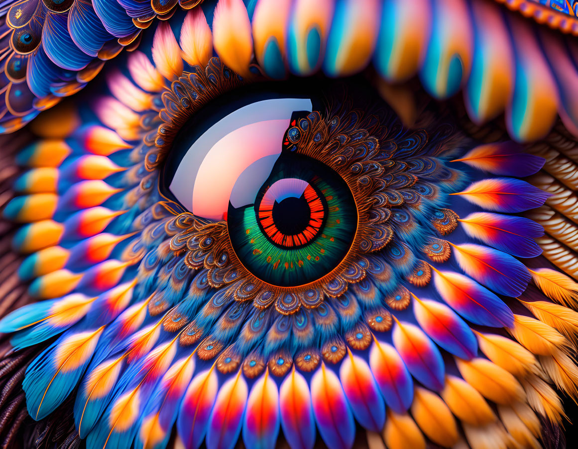 Colorful abstract artwork featuring central eye and feather-like patterns