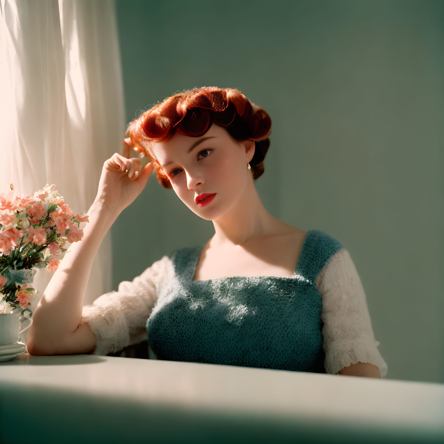 Red-haired woman in vintage curls, blue dress, chin on hand at table with flowers and curtains.