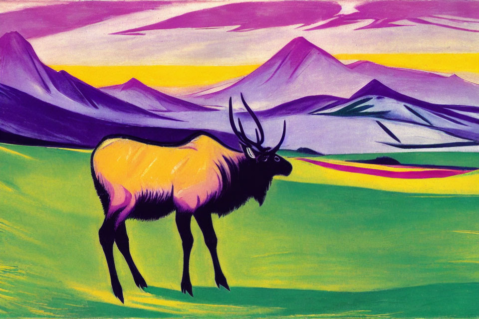 Vibrant elk illustration in colorful landscape