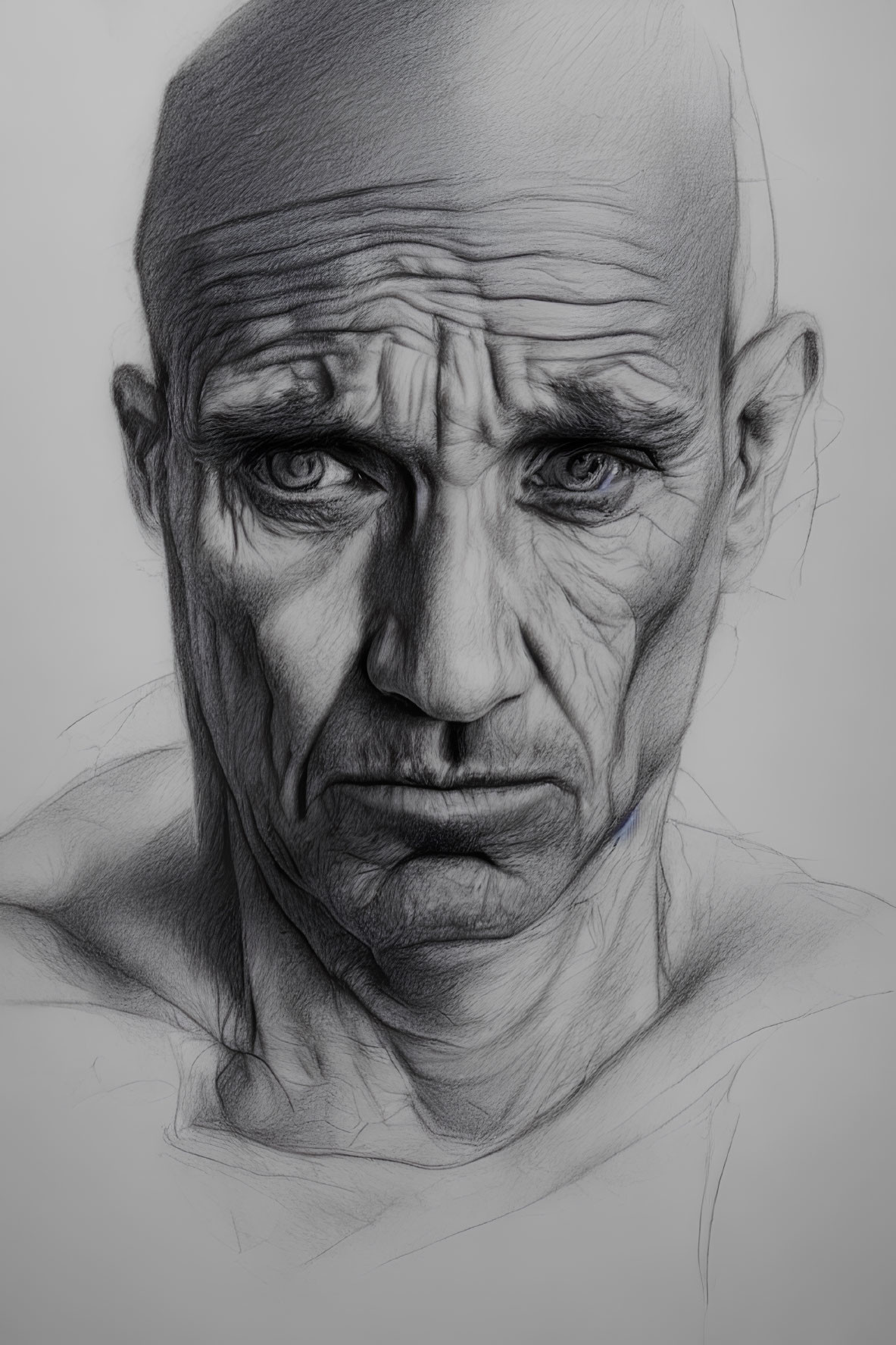 Detailed monochrome sketch of a bald man with deep-set eyes and facial wrinkles.