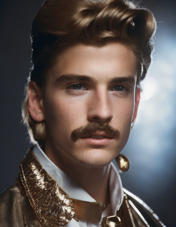 Man with Curly Hair in Gold Satin Jacket and Bow Tie on Dark Background