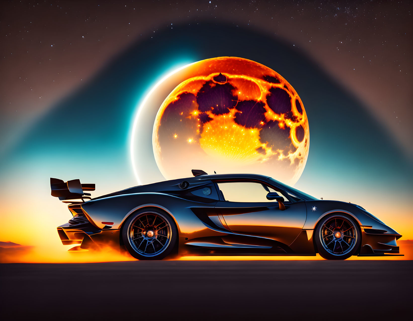 Black Sports Car Parked with Fiery Orange Planet Rising in Twilight Sky