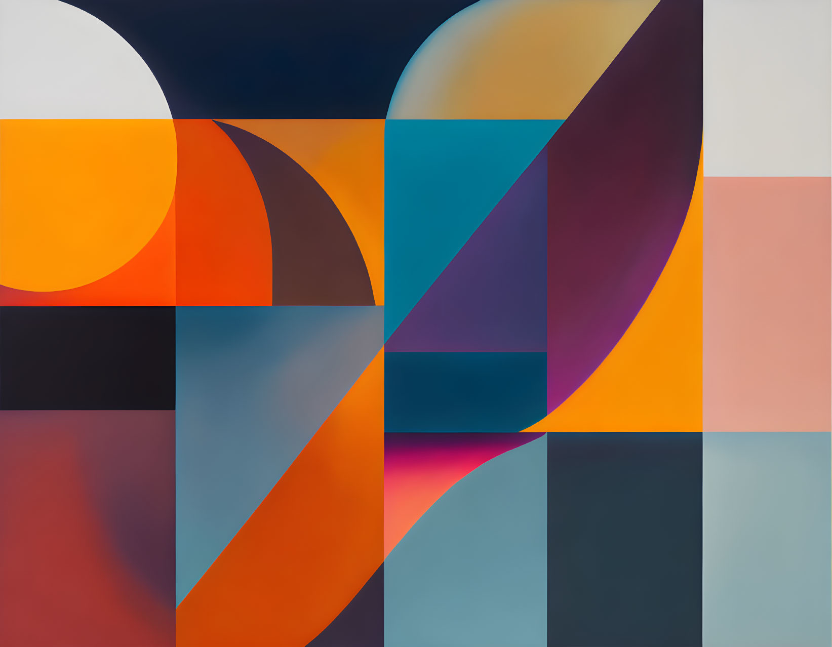 Geometric Abstract Art with Overlapping Circles and Squares in Orange, Blue, Purple, and