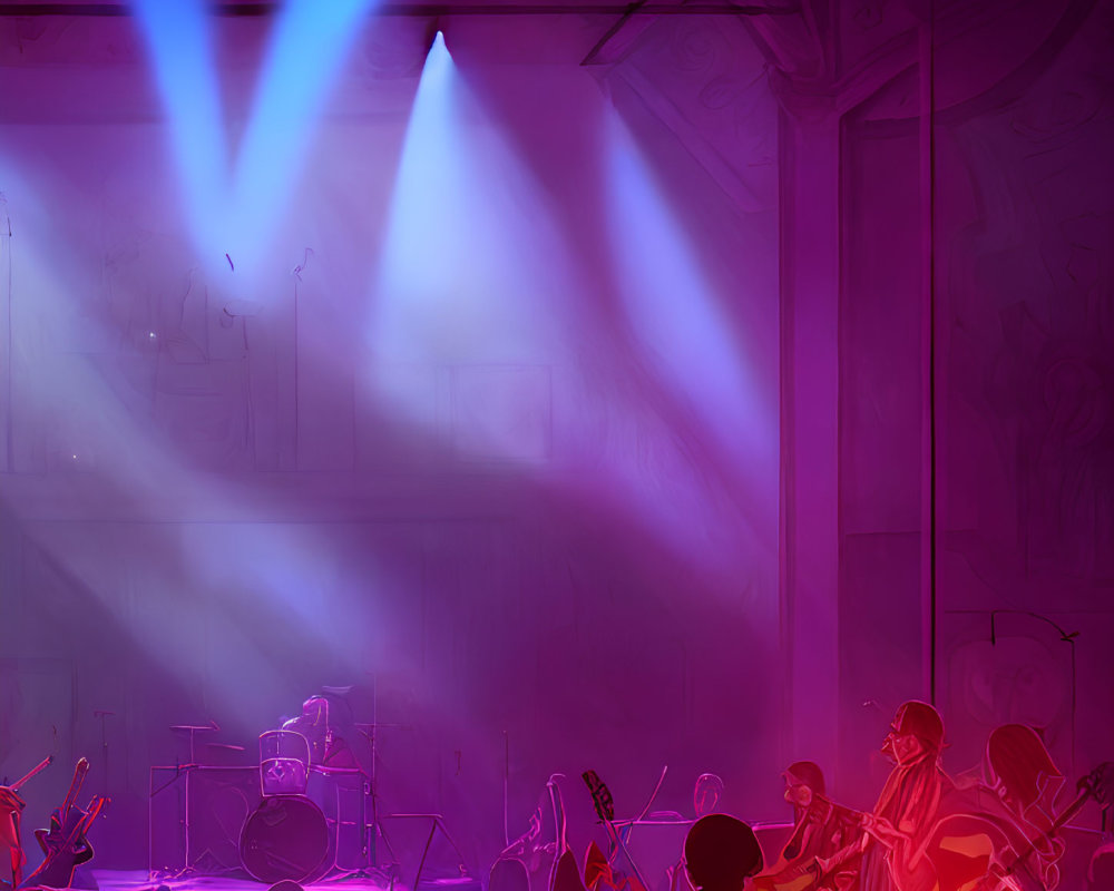 Colorful concert scene with blue and purple stage lights, musicians playing guitars, and an enthusiastic crowd.