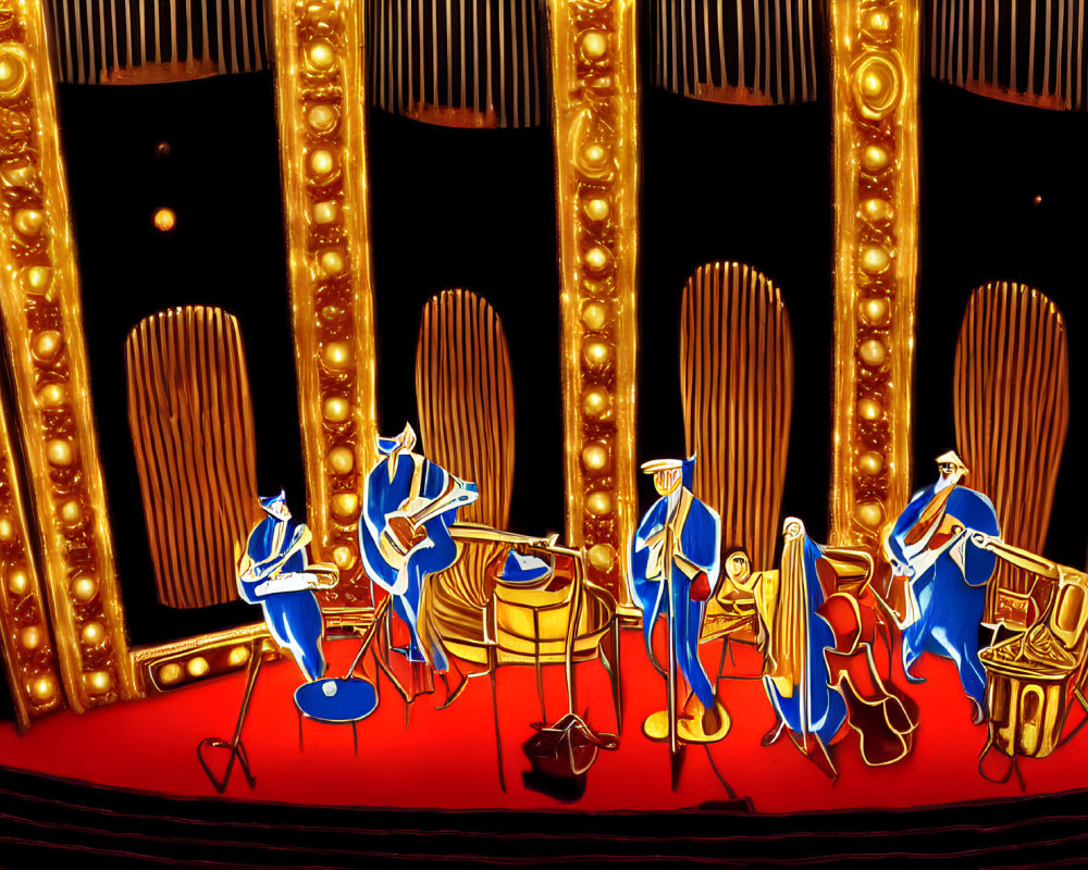 Animated jazz band performance on glamorous stage with golden curtains and lights.