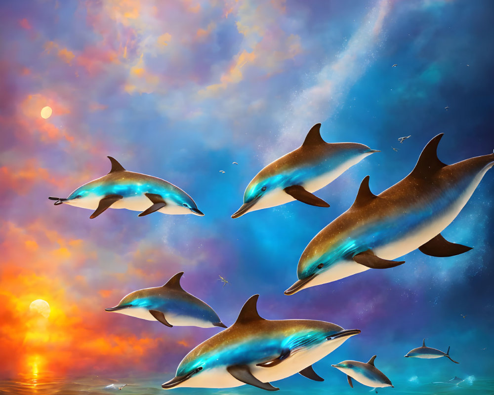 Surreal artwork: Dolphins leaping under starry sky reflected in water.