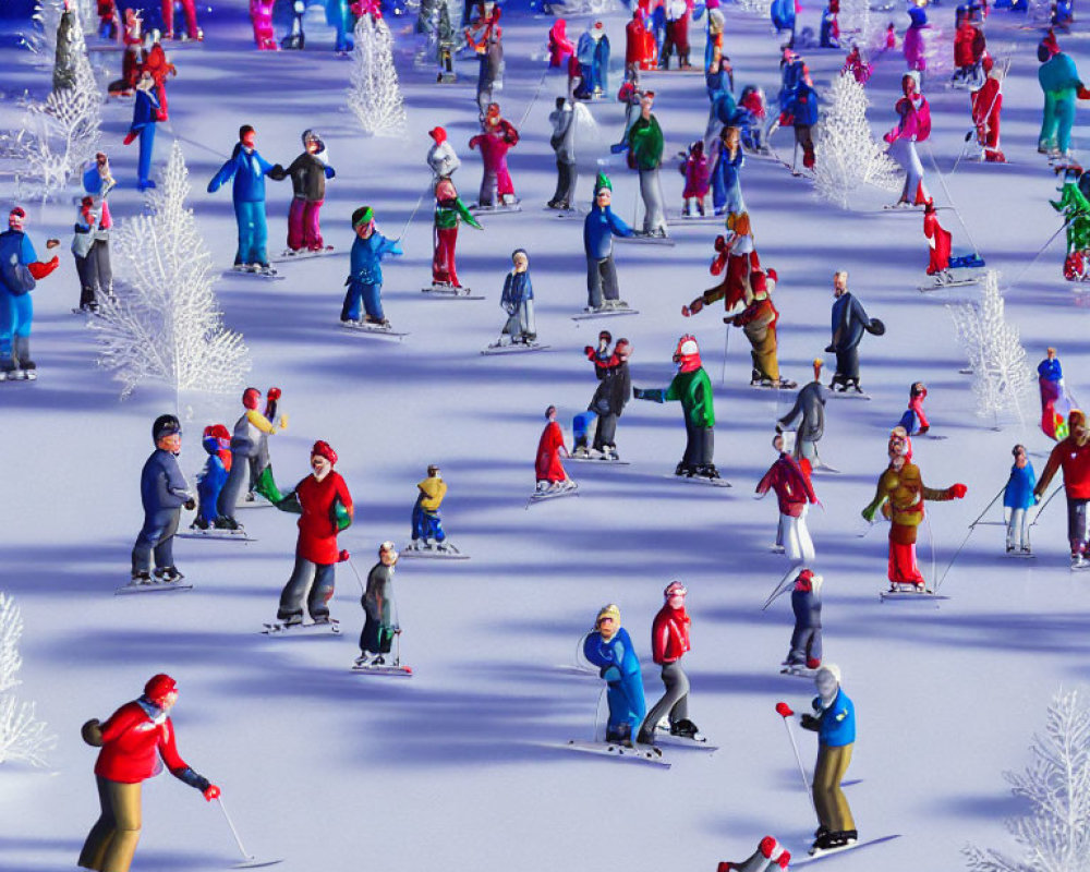 Colorful Skiing Scene on Snowy Slope with Illuminated Trees