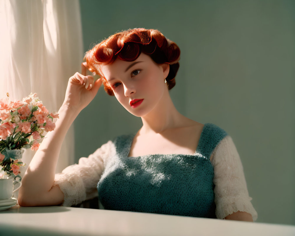 Red-haired woman in vintage curls, blue dress, chin on hand at table with flowers and curtains.