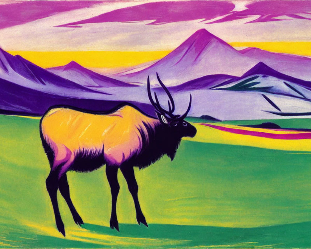 Vibrant elk illustration in colorful landscape