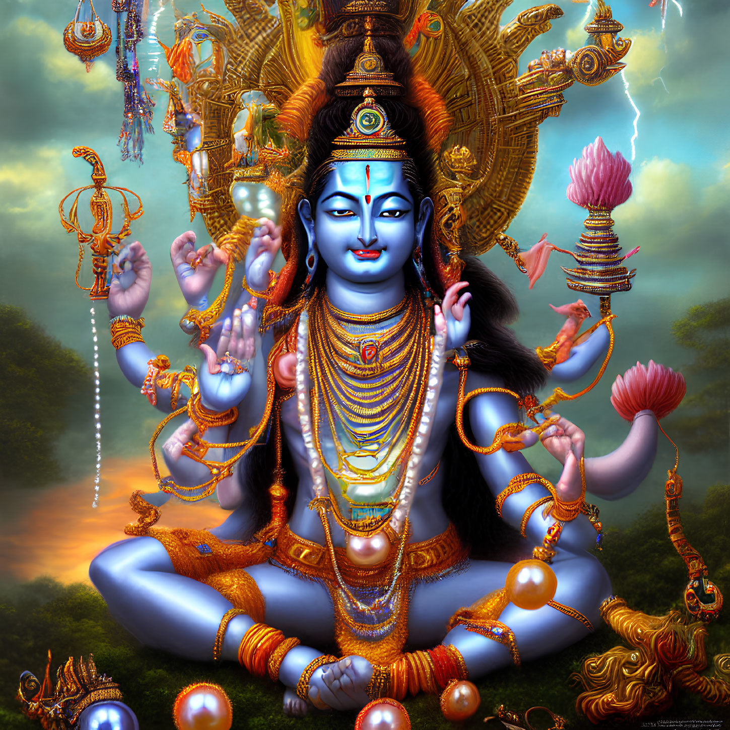 Blue-skinned multi-armed deity in mystical forest with fire halo