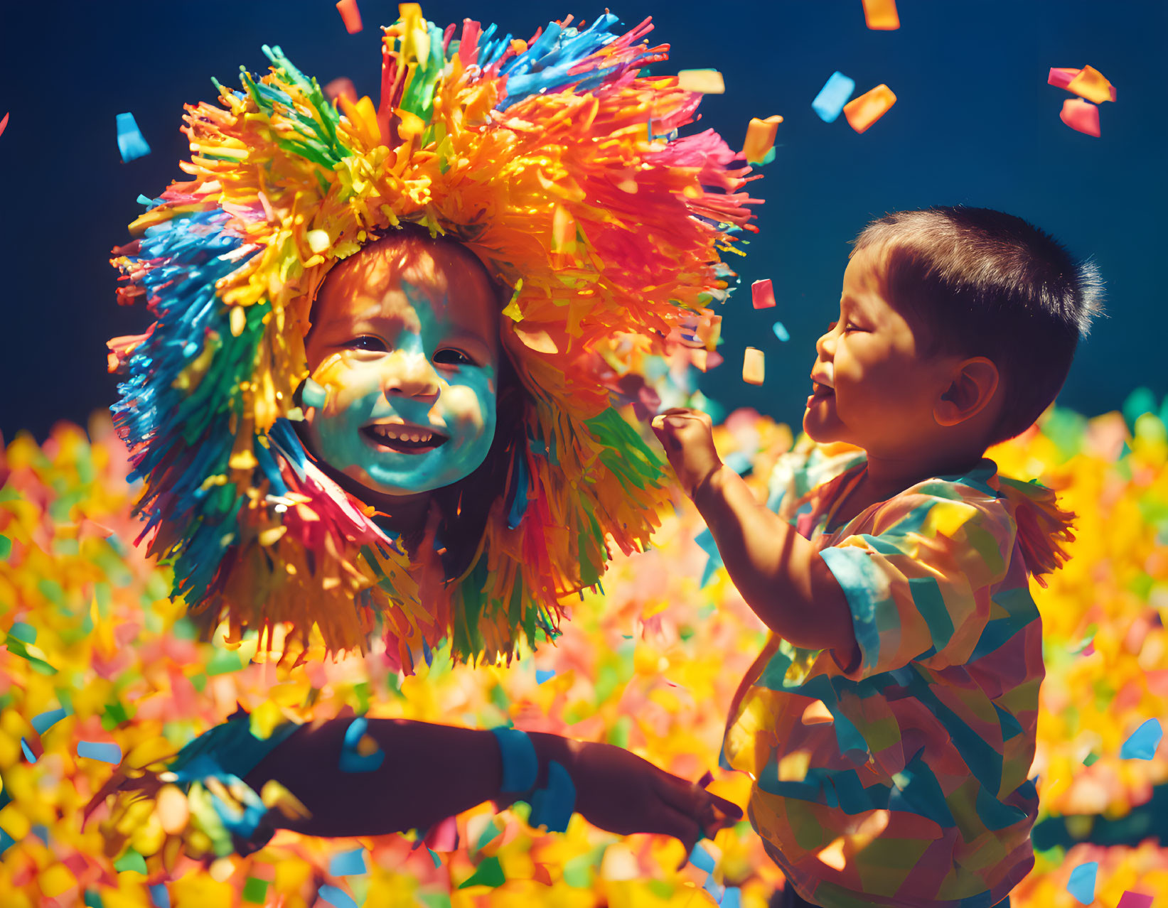 Two children in colorful wigs surrounded by confetti in a joyful scene