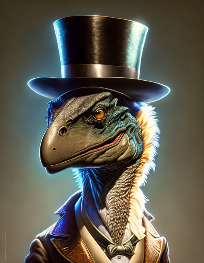 Velociraptor in formal suit, vest, and top hat illustration