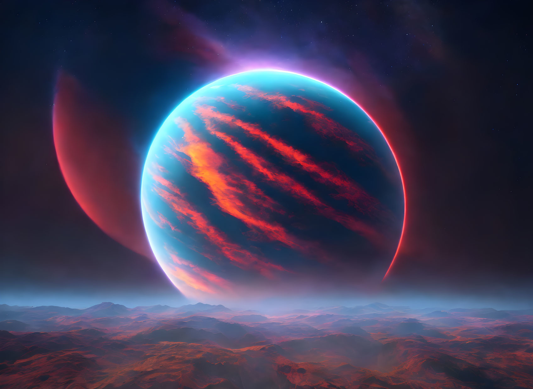 Striped gas giant over rocky alien landscape with red hues