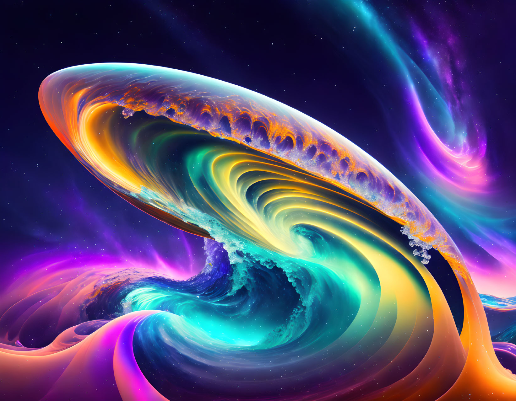 Colorful cosmic waves blending into space background.