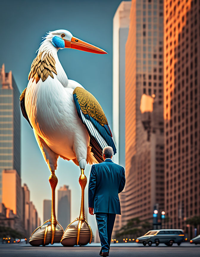 Man in suit walks towards giant stork in city street at sunset