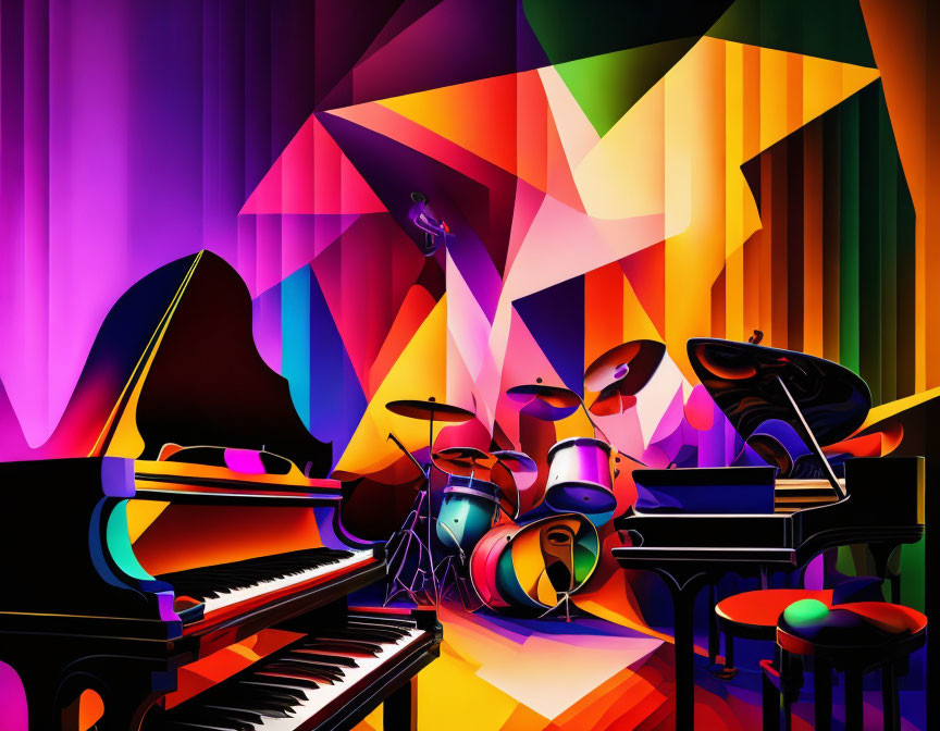 Colorful Abstract Artwork Featuring Musical Instruments