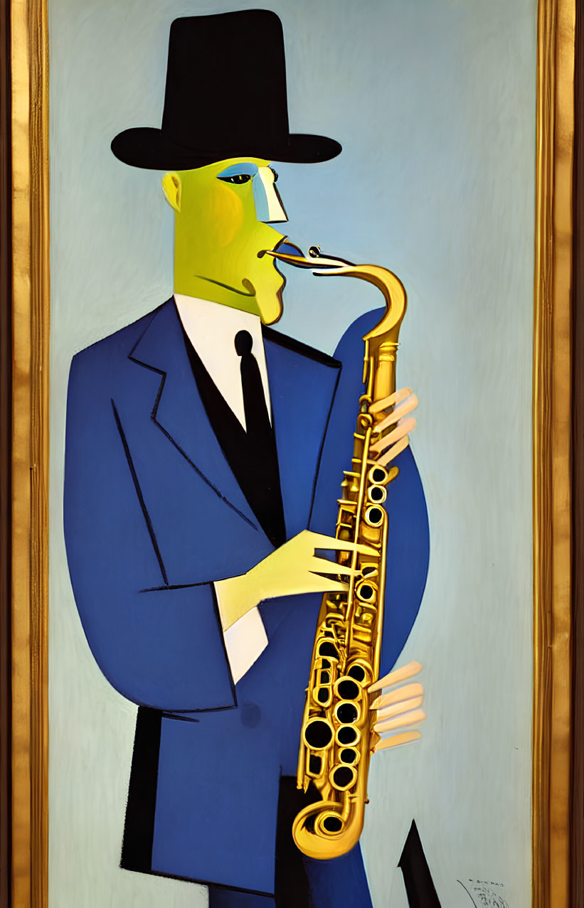 Stylized painting of a green-faced figure playing saxophone