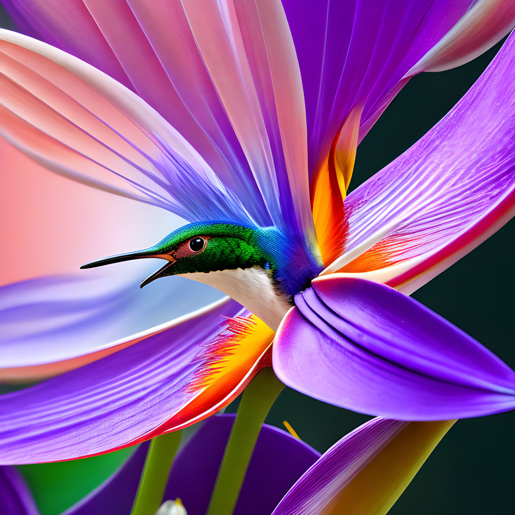 Colorful Hummingbird Among Fuchsia and Purple Flower Petals