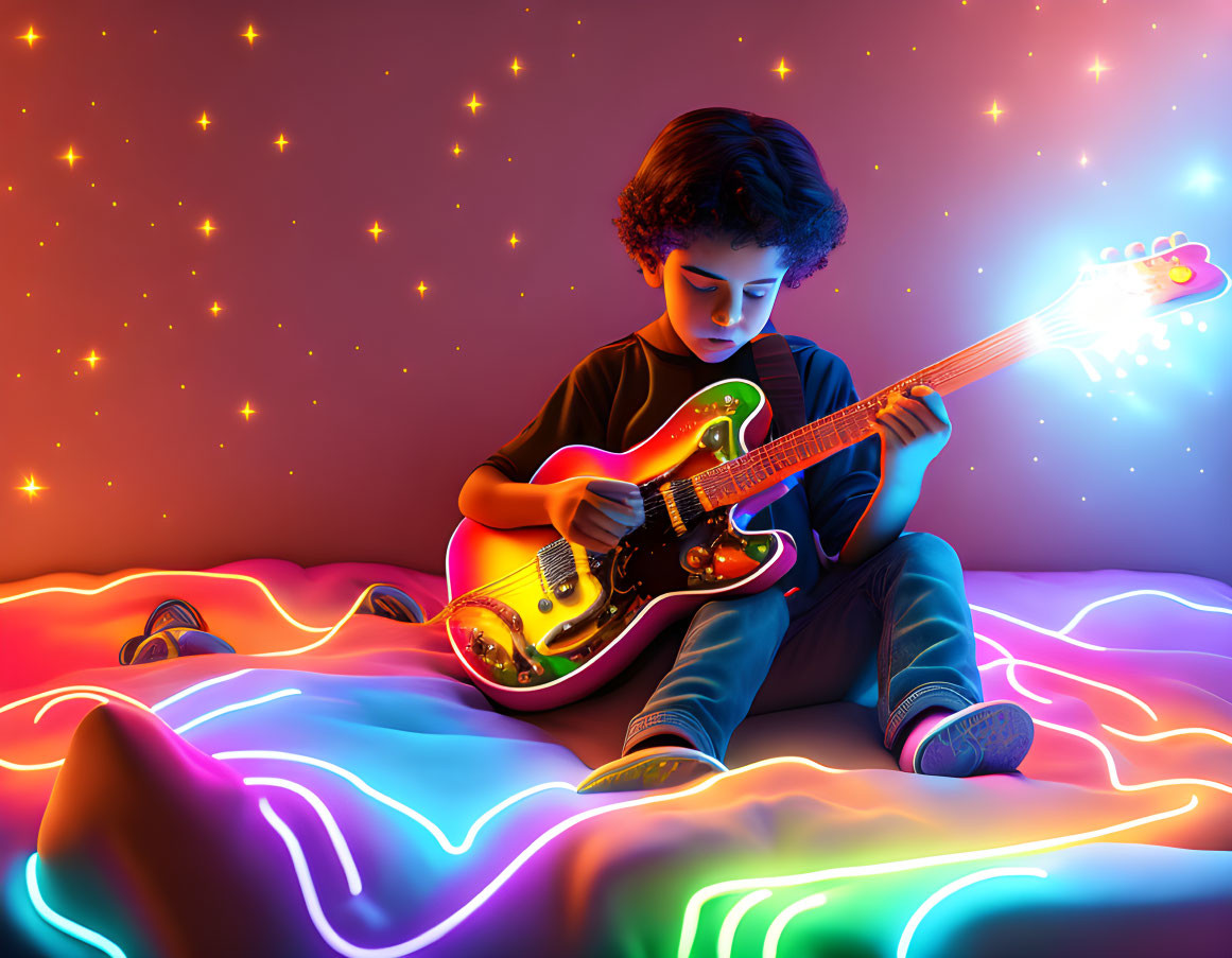 Child Playing Electric Guitar Surrounded by Neon Lights