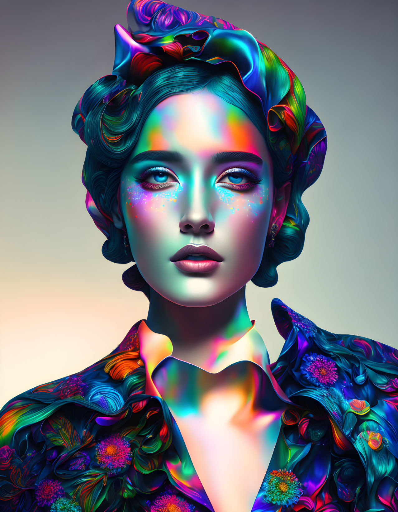 Colorful digital artwork of woman with iridescent skin and hair on gradient background