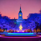 Vibrant night scene with neon-lit multi-tiered fountain