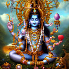 Blue-skinned multi-armed deity in mystical forest with fire halo