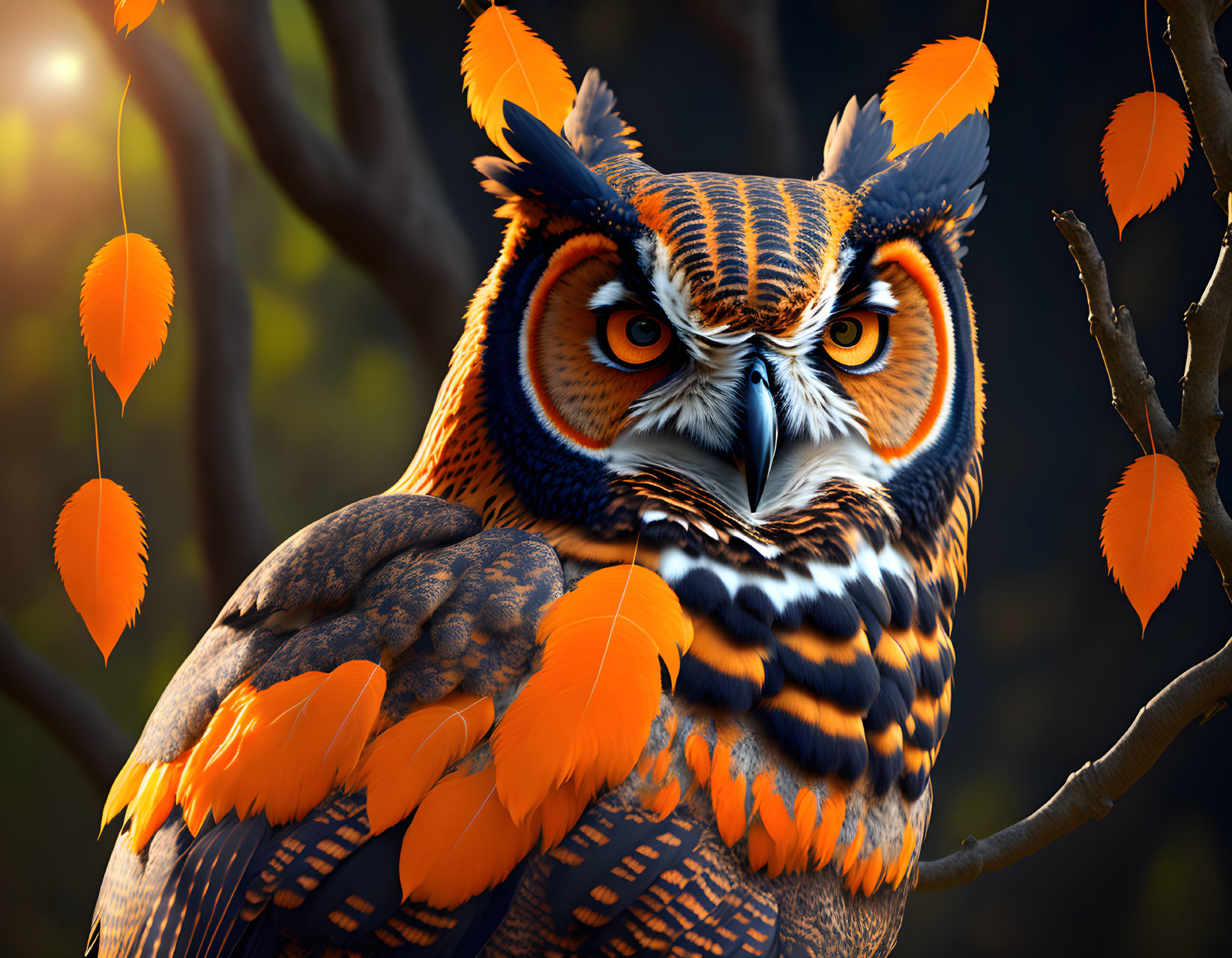 Detailed illustration of an owl with orange and black plumage on a branch with orange leaves