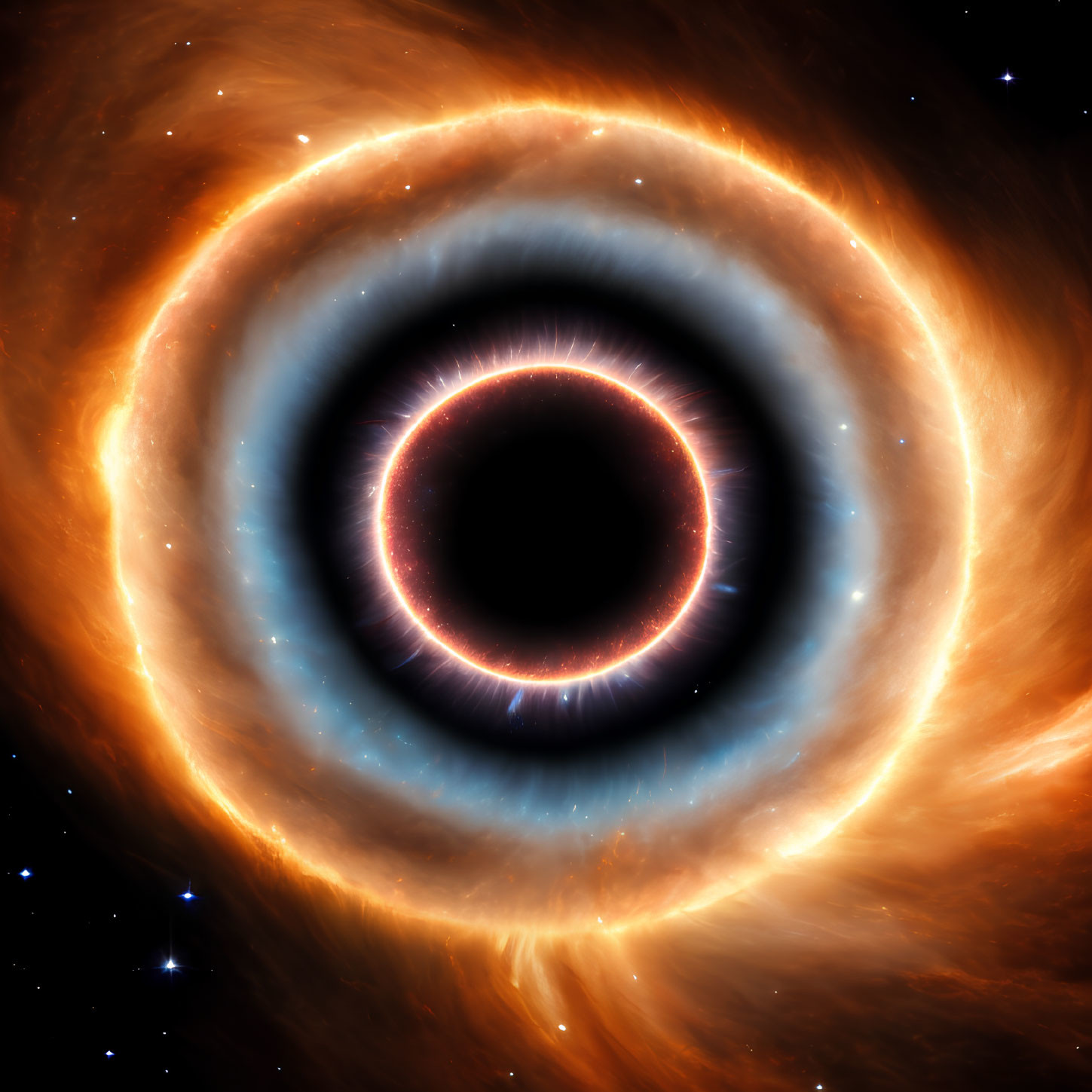 Orange and Black Celestial Body with Rings of Light in Starry Space