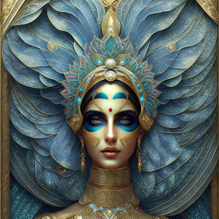 Regal woman with blue plumage headdress and gold adornments