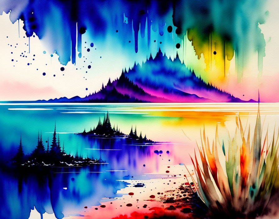 Colorful Watercolor Landscape: Purple Mountains, Skyline, Water Reflection, Pine Tree Silhouette