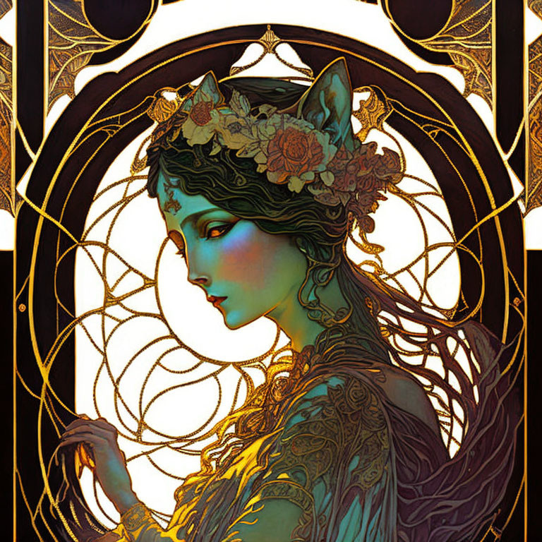 Stylized woman with cat-like features and floral crown in Art Nouveau border.