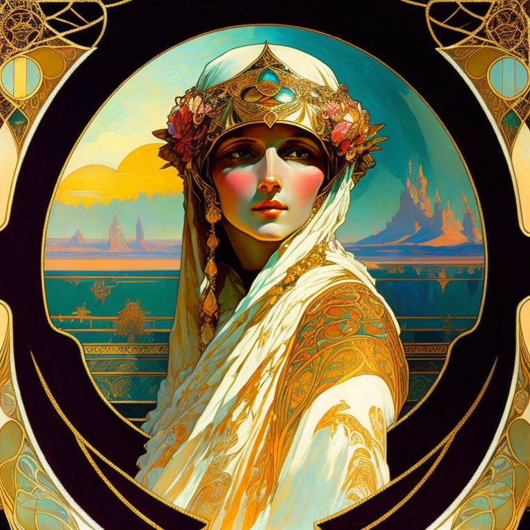 Art Nouveau style portrait of woman with jeweled headpiece and intricate golden patterns