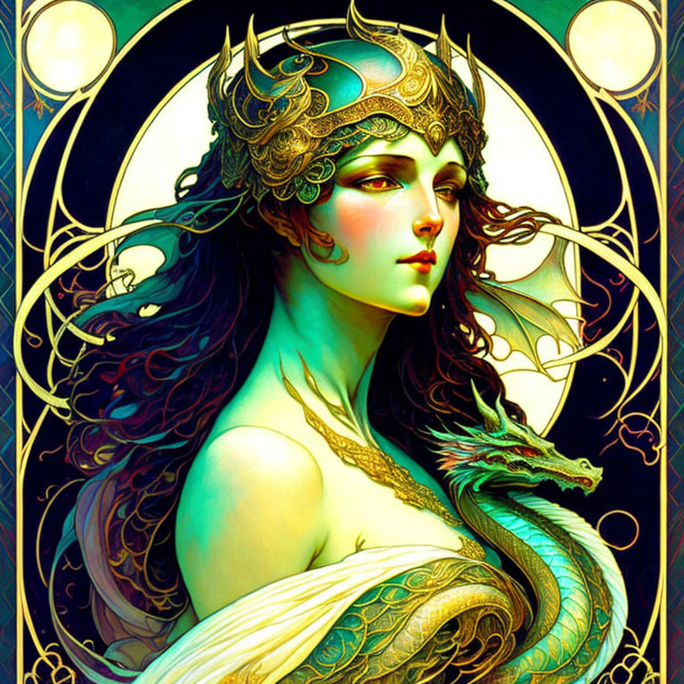 Detailed Art Nouveau-inspired illustration of woman with crown and dragon in ornate setting