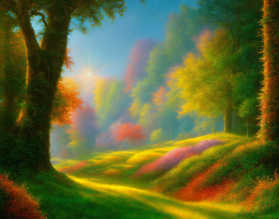 Ethereal forest with vibrant hues and flowering trees