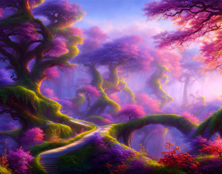 Mystical pathway surrounded by lush purple and pink foliage in enchanting forest setting