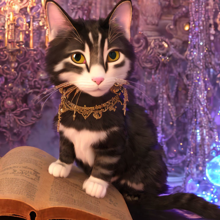 Black and White Cat with Gold Necklace on Open Book in Mystical Setting