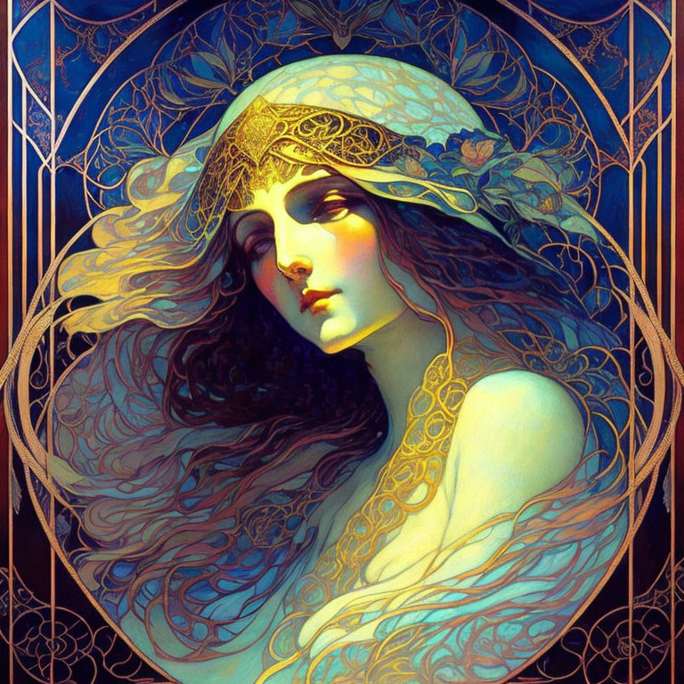 Art Nouveau Style Woman Illustration with Flowing Hair and Blue Tones