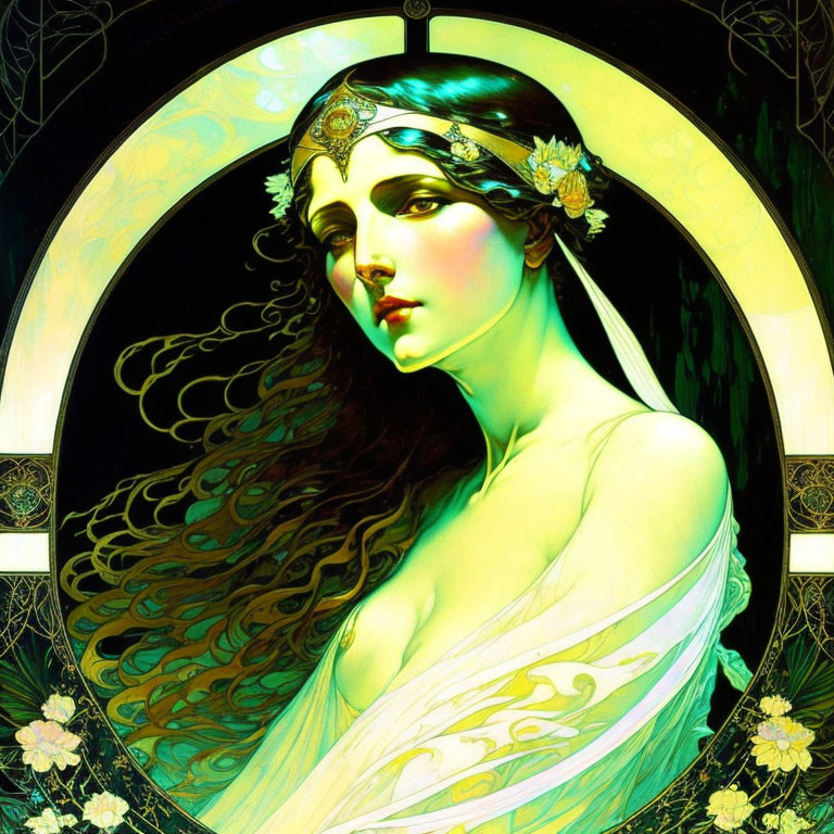 Art Nouveau painting of woman with flowing hair and diadem