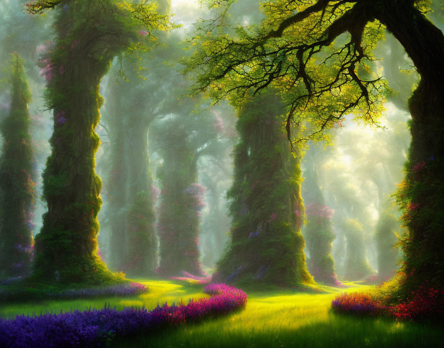 Enchanting forest with vibrant flowers and towering trees