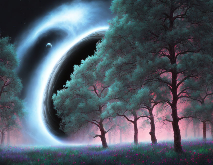 Artwork of forest with pink and purple hues, black hole, and planet